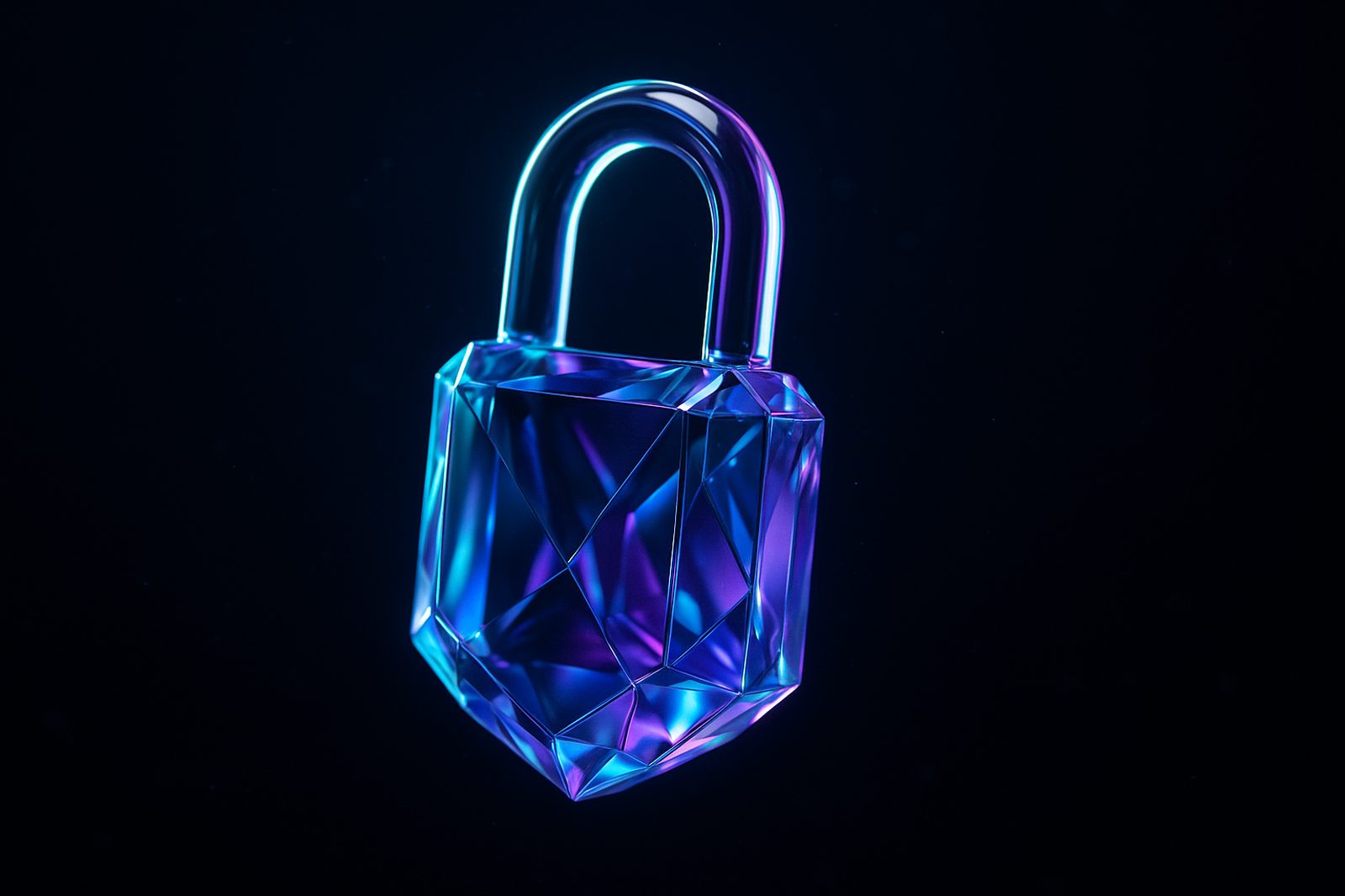 Abstract artwork: a cyan and violet crystalline padlock